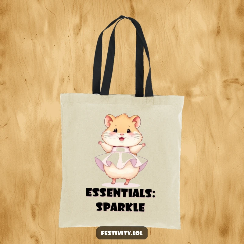 Funny hamster tote bag, a fluffy hamster in a party dress, happily twirling, ideal for shopping or carrying daily items.