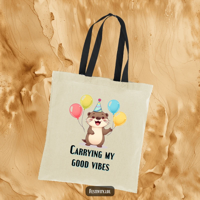 Funny tote bag with a happy otter wearing a party hat and juggling balloons, a joyful and practical accessory.