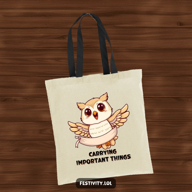 Funny owl tote bag, a joyful owl soaring with a banner, ideal for carrying messages and daily items.