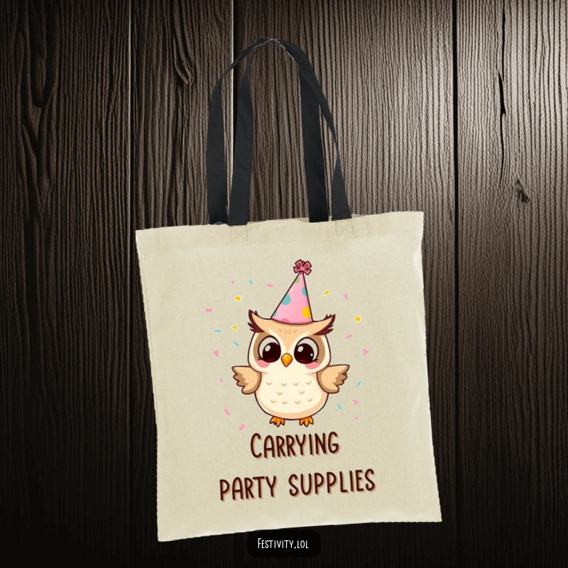 Funny owl tote bag showing a tiny owl in a party hat releasing confetti, a cheerful accessory for carrying daily items.