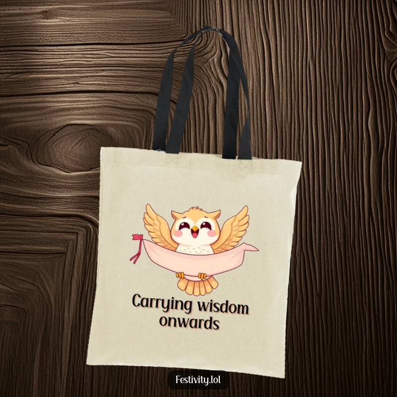 Funny owl tote bag, a joyful messenger bird soaring with a banner, perfect for shopping and daily commutes.