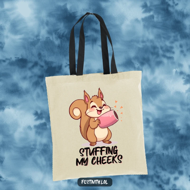 Funny tote bag with a delighted squirrel about to pop an oversized party popper, vibrant and practical accessory.