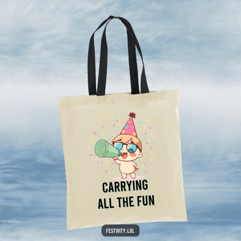 Funny delighted character wearing a party hat, blowing a giant confetti cannon on a tote bag.
