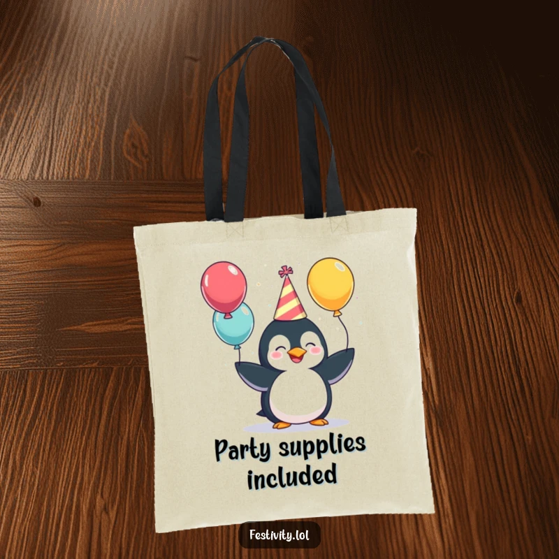 Funny Tote Bag: A giggling penguin in a party hat, juggling colorful balloons, a humorous and festive carry-all.