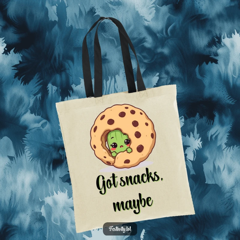 Funny tote bag showcasing a shy pickle character’s surprised face behind a large cookie, ideal for shopping and everyday use.
