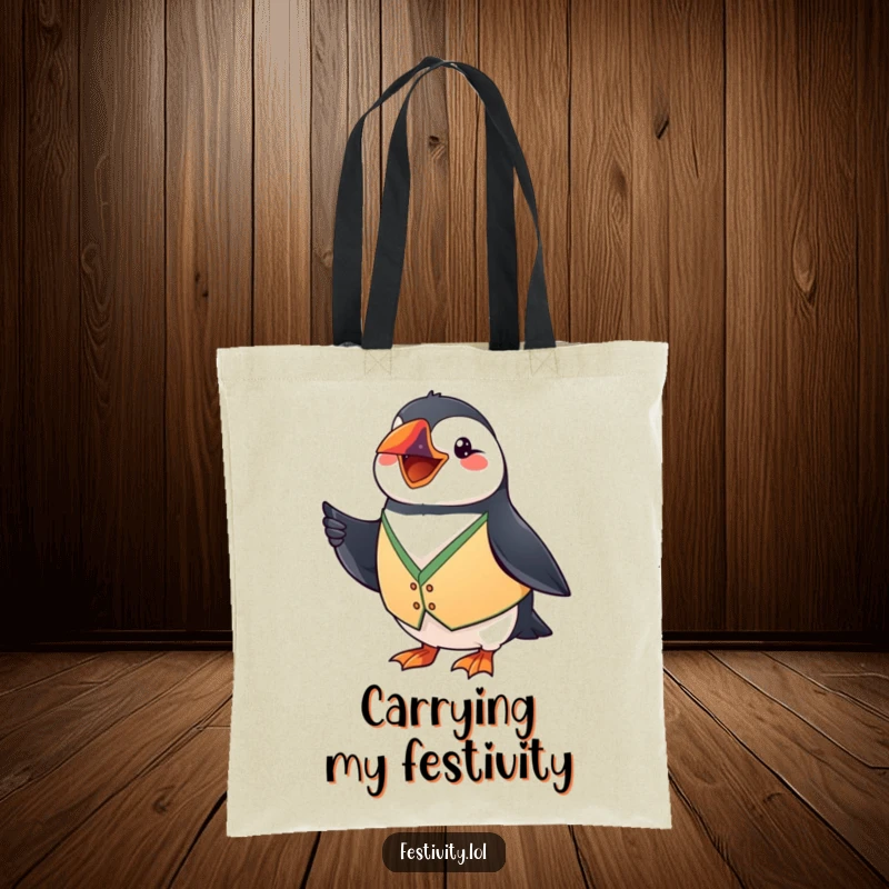 Funny Puffin Tote Bag: A grinning puffin wears a festive vest and waves a tiny flag, perfect for carrying your cheerful items.