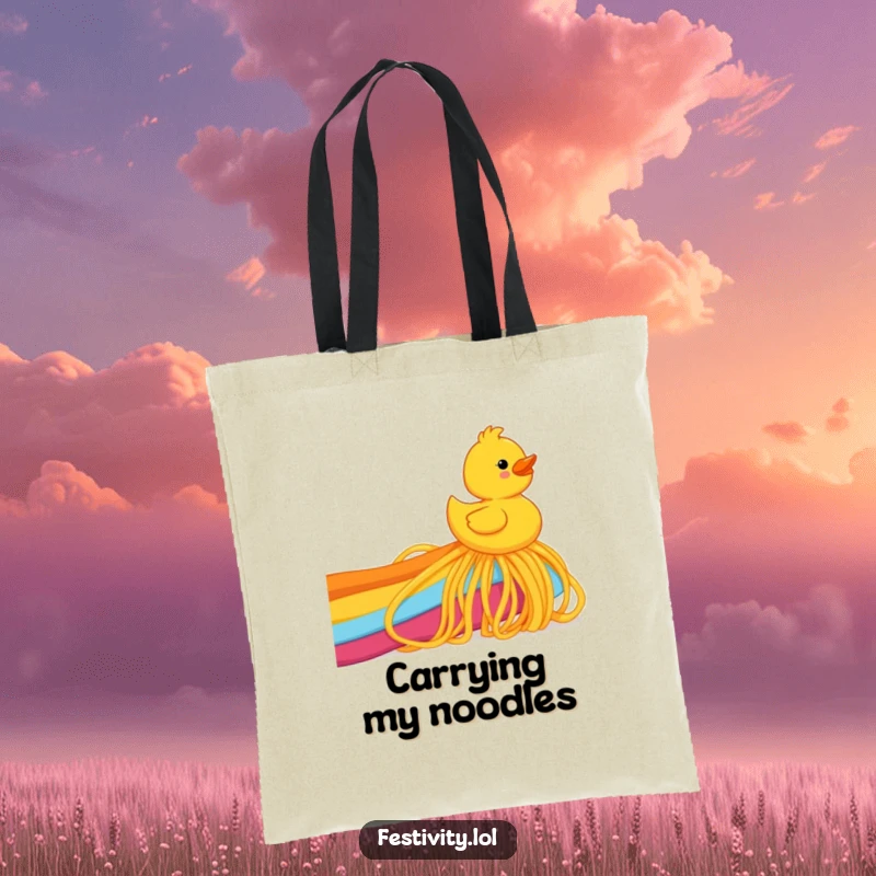 Funny rubber ducky sliding down a rainbow made of spaghetti, printed on a practical and funny tote bag.