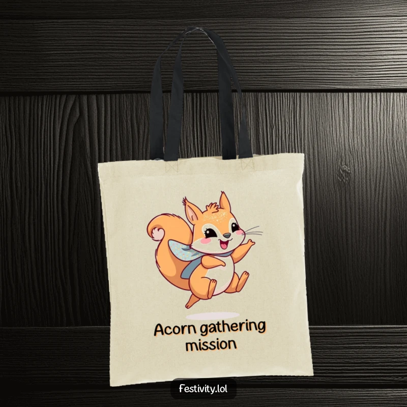 Funny tote bag with a playful squirrel wearing a sparkly cape, leaping joyfully, perfect for everyday missions.