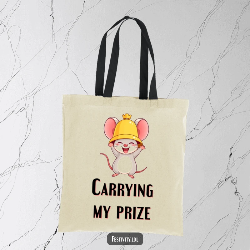 Funny tote bag with a triumphant mouse ringing a large golden bell, perfect for carrying items victoriously.