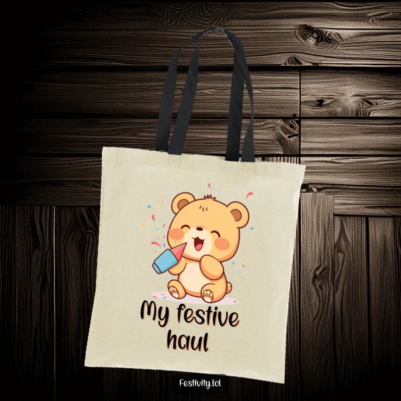 Funny Tote Bag: A delighted bear cub popping confetti from a party popper, a humorous and festive carry-all.