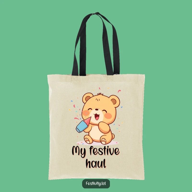 Funny Bear Cub Party Tote Bag: Excited Cub's Confetti Haul, Accessory Humor