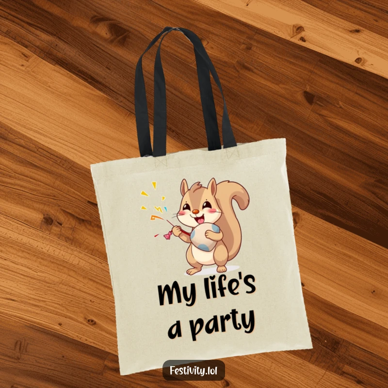 Funny Squirrel Tote Bag: A delighted squirrel prepares to pop an oversized party popper, perfect for carrying joy and essentials.