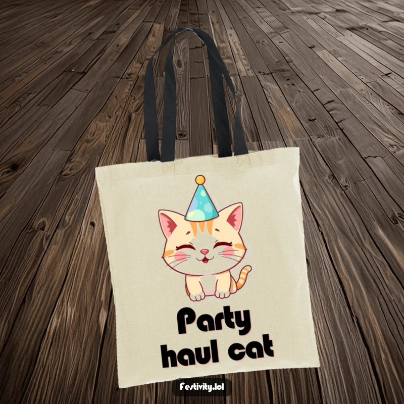 Funny Cat Birthday Tote Bag: A winking cat in a silly hat, perfect for carrying party essentials with a fun and humorous touch.